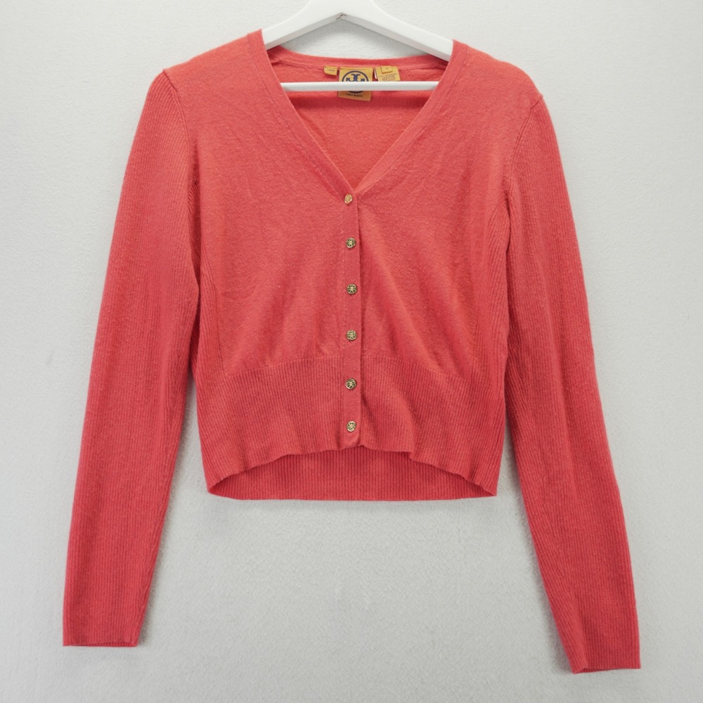 Tory Burch Coral Pink 100% Cashmere Simone V-Neck Cropped Cardigan Sweater M
